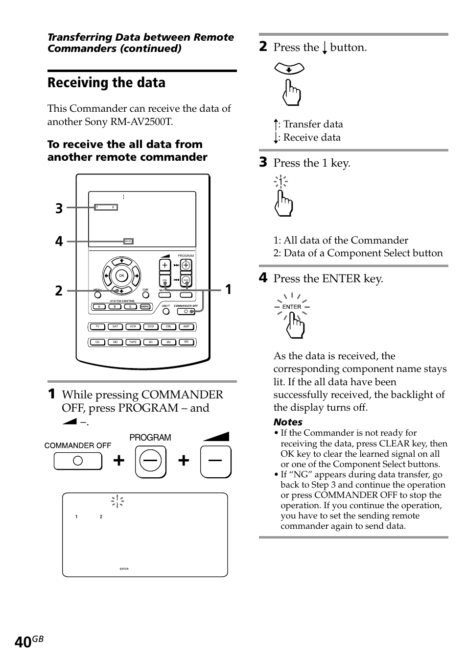 Receiving the data, Press the r button, Press the 1 key | Press the enter key | Sony RM-AV2500T User Manual | Page 40 / 140
