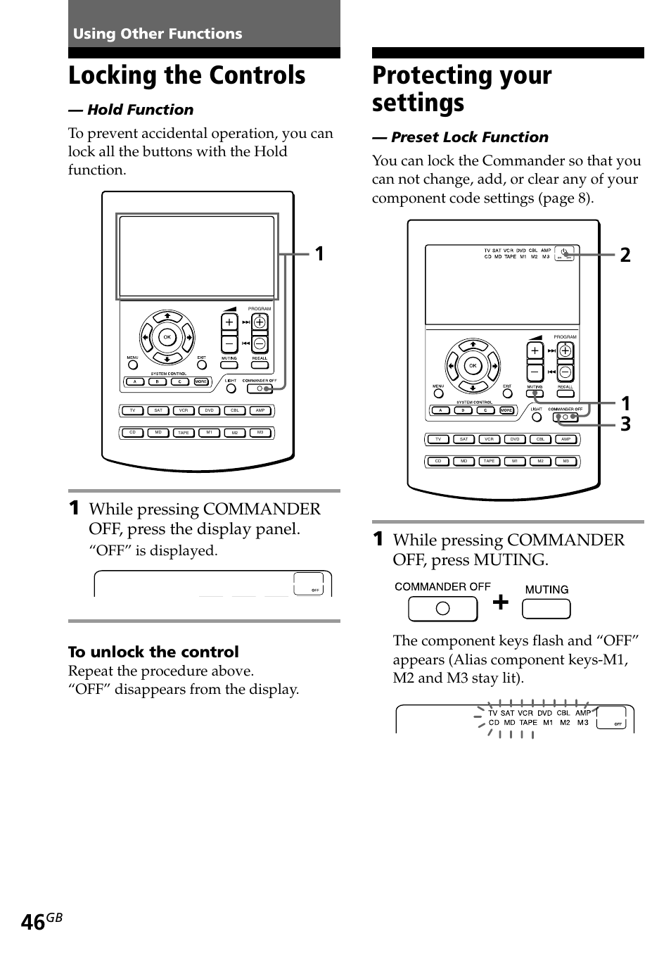 Using other functions, Locking the controls, Protecting your settings | While pressing commander off, press muting, Off” is displayed | Sony RM-AV2500T User Manual | Page 46 / 140