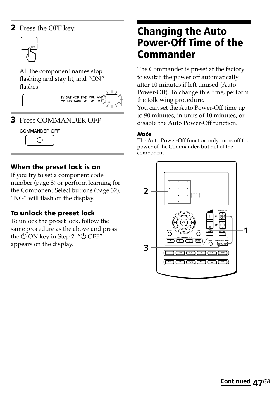 Changing the auto power-off time of the commander, Press the off key, Press commander off | When the preset lock is on, Continued | Sony RM-AV2500T User Manual | Page 47 / 140