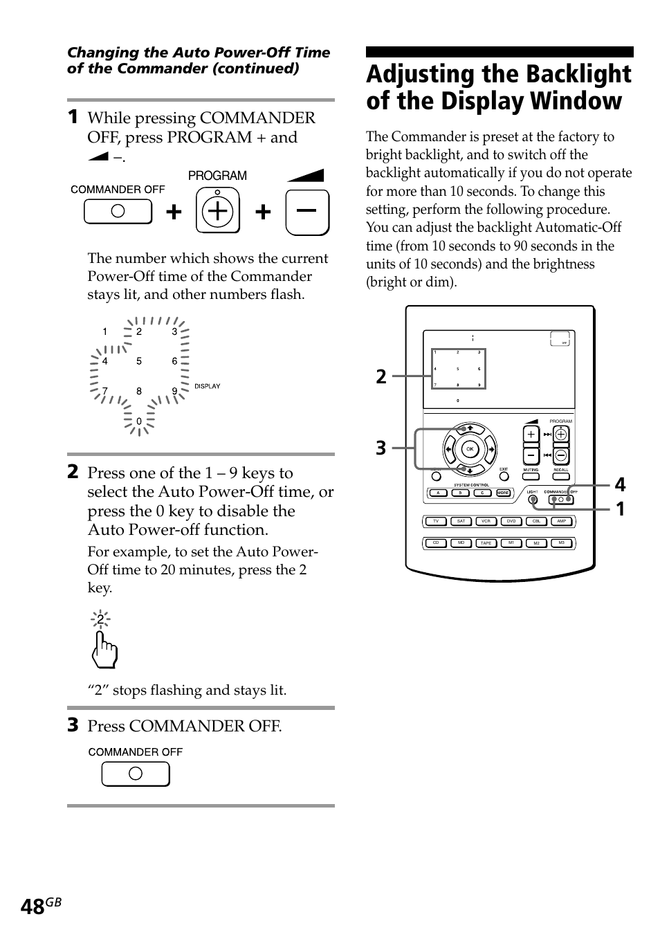 Adjusting the backlight of the display window, Using other functions, Press commander off | Sony RM-AV2500T User Manual | Page 48 / 140