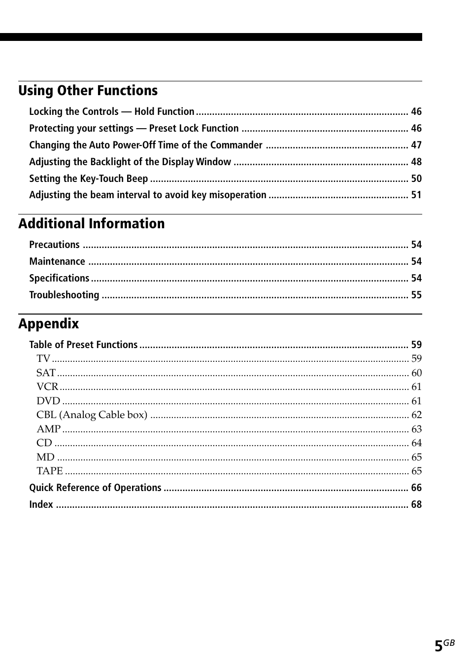 Using other functions, Additional information, Appendix | Sony RM-AV2500T User Manual | Page 5 / 140