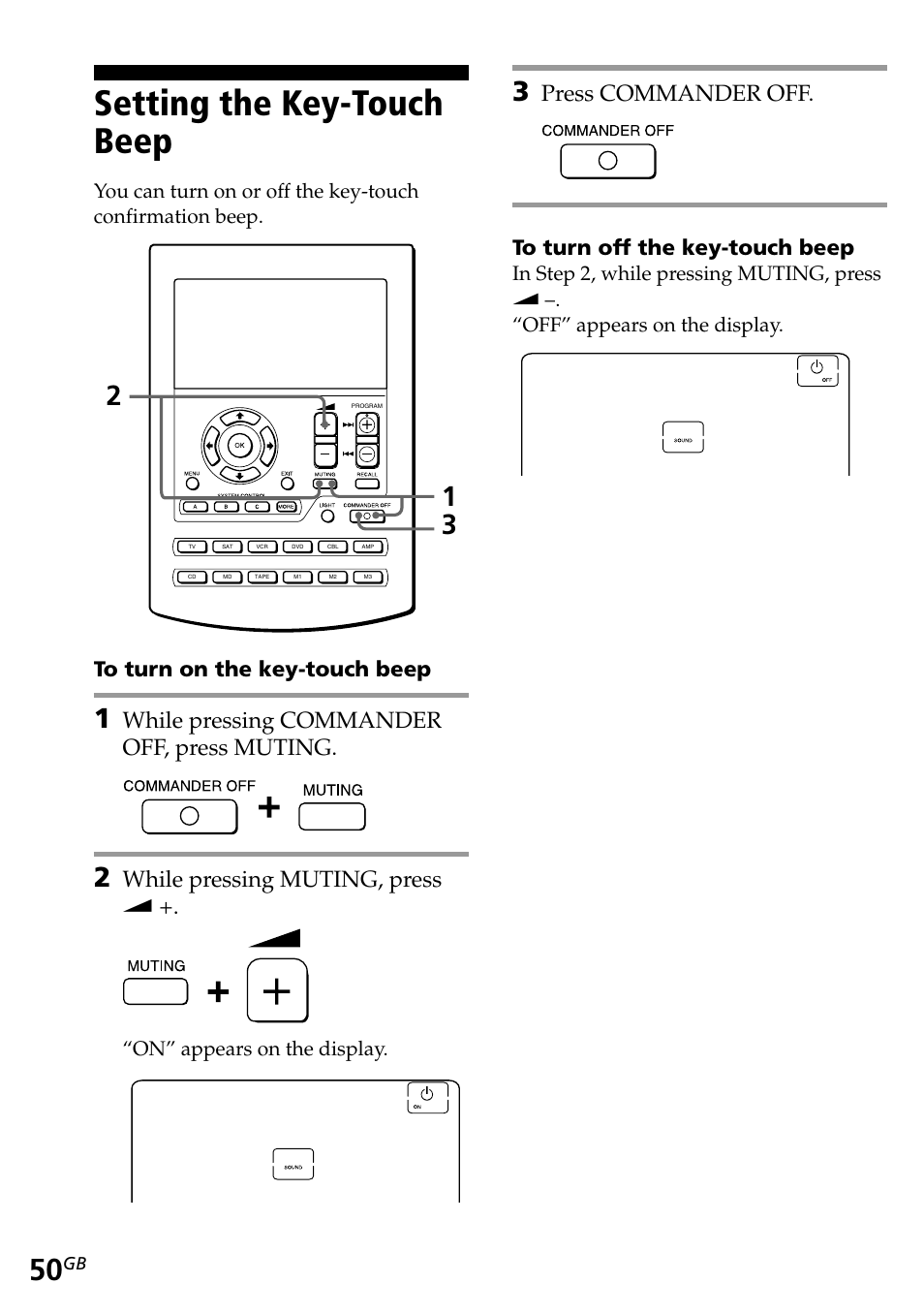 Setting the key-touch beep, Locking the controls — hold function, Press commander off | While pressing commander off, press muting, While pressing muting, press w, On” appears on the display | Sony RM-AV2500T User Manual | Page 50 / 140