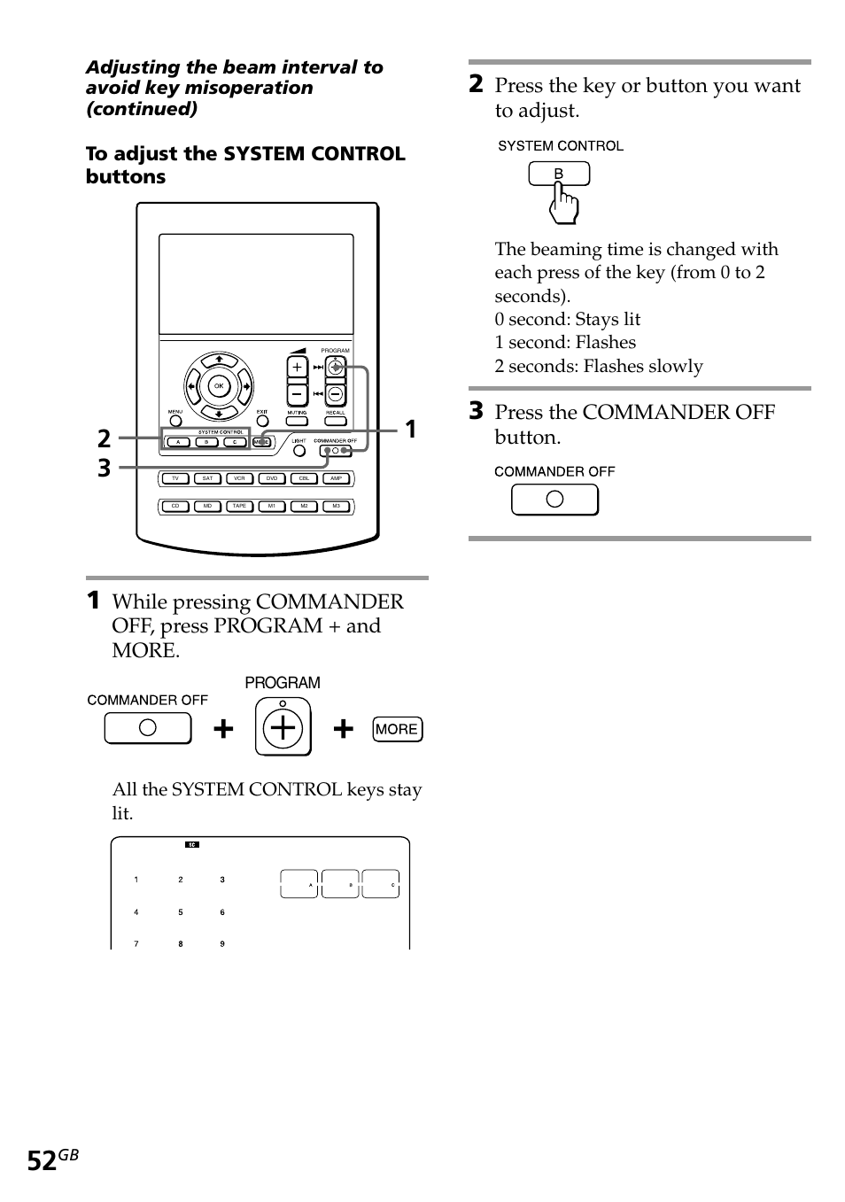 Press the key or button you want to adjust, Press the commander off button, All the system control keys stay lit | Sony RM-AV2500T User Manual | Page 52 / 140