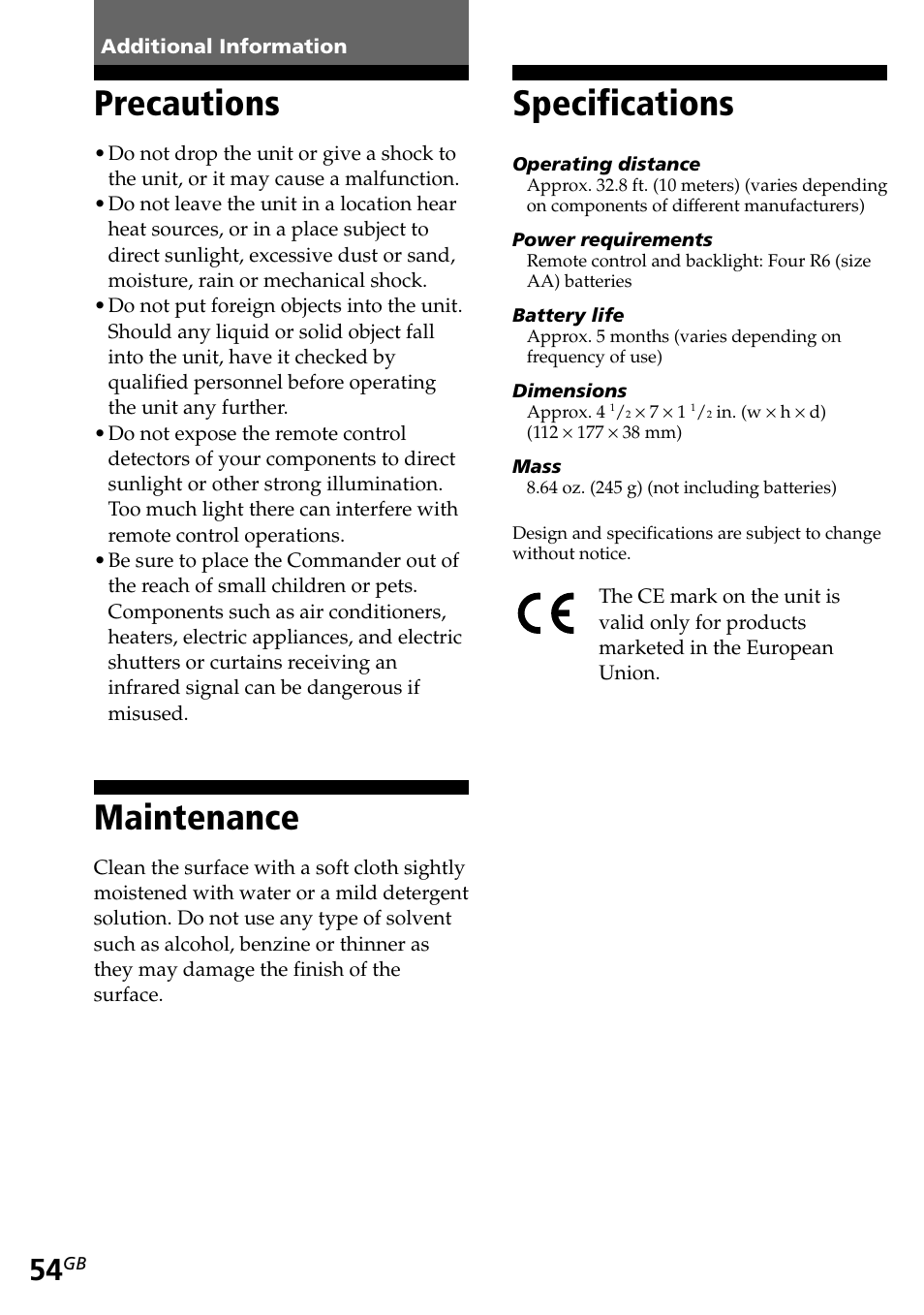 Additional information, Precautions, Maintenance | Specifications, Ey-touch beep, Adjusting the beam interval to avoid k | Sony RM-AV2500T User Manual | Page 54 / 140