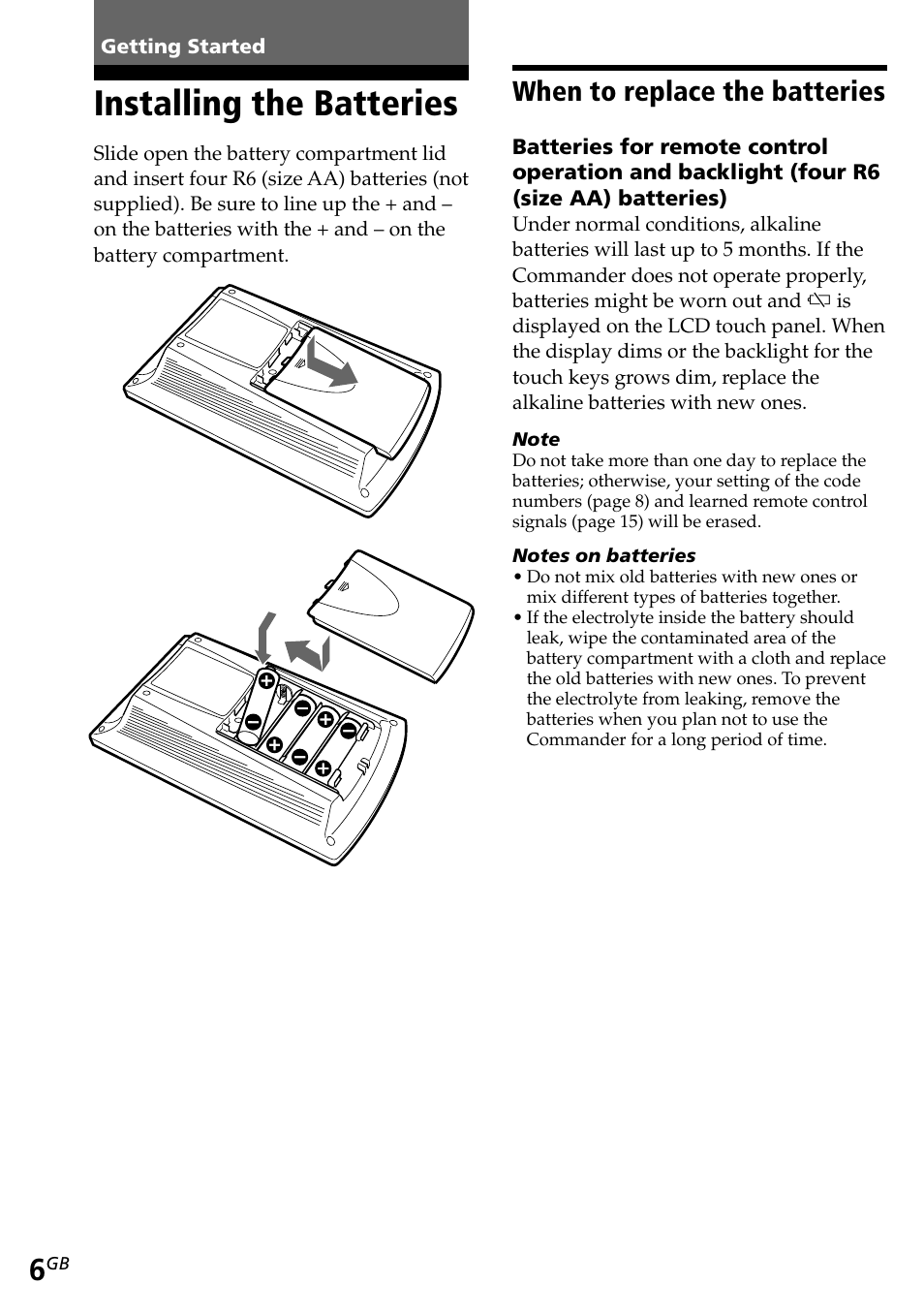 Getting started, Installing the batteries, When to replace the batteries | Sony RM-AV2500T User Manual | Page 6 / 140