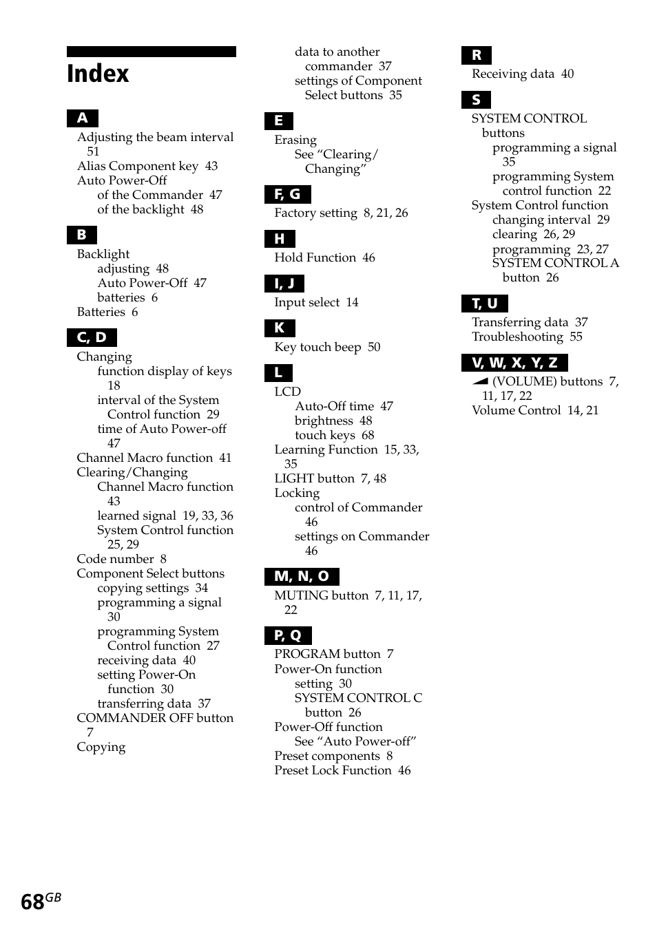 Index | Sony RM-AV2500T User Manual | Page 68 / 140