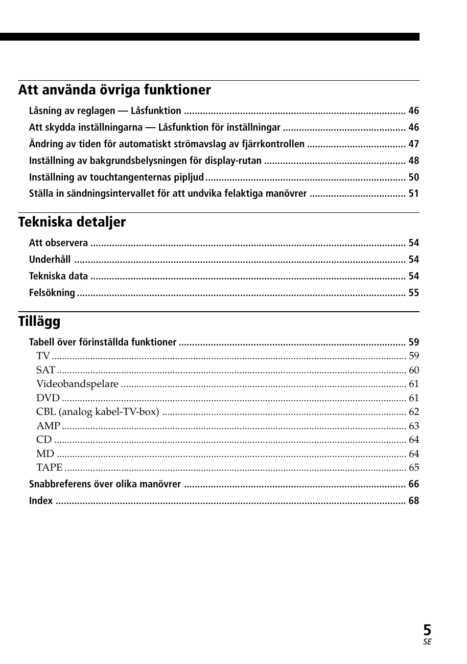 Att använda övriga funktioner, Tekniska detaljer, Tillägg | Sony RM-AV2500T User Manual | Page 73 / 140