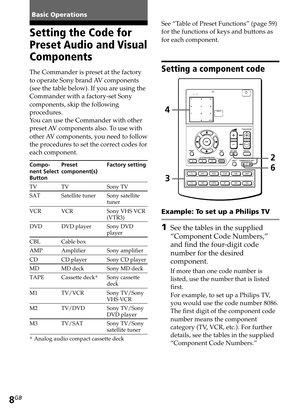 Basic operations, Setting a component code, Example: to set up a philips tv | Sony RM-AV2500T User Manual | Page 8 / 140