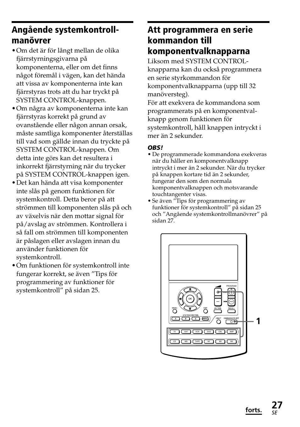 Angående systemkontroll- manövrer, Forts | Sony RM-AV2500T User Manual | Page 95 / 140