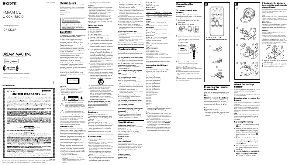 Sony DREAM MACHINE ICF-CD3IP User Manual | 2 pages