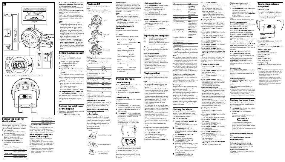 Setting the clock manually, Setting the brightness of the display, Playing a cd | Setting the clock for the first time, Playing the radio, Improving the reception, Playing an ipod, Setting the alarm, Setting the sleep timer, Connecting external equipment | Sony DREAM MACHINE ICF-CD3IP User Manual | Page 2 / 2