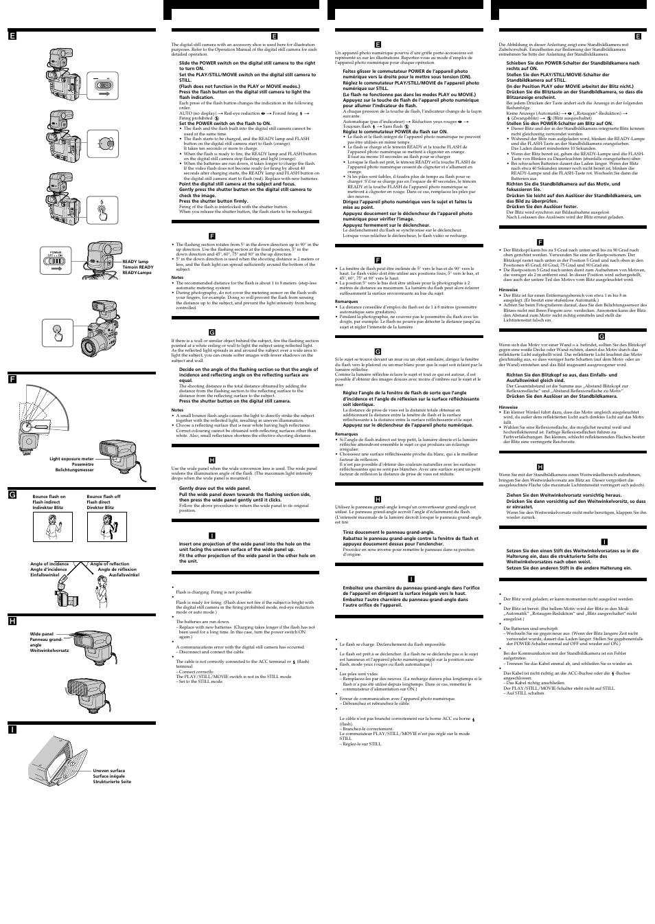 Using the flash, Bounce flash photography, Mounting the wide panel | If the wide panel is detached, Meaning of ready lamp states, Utilisation du flash, Rotation de la fenêtre de flash, Photographie au flash indirect, Utilisation du panneau grand-angle, Si le panneau grand-angle se détache | Sony HVL-F1000 User Manual | Page 2 / 2