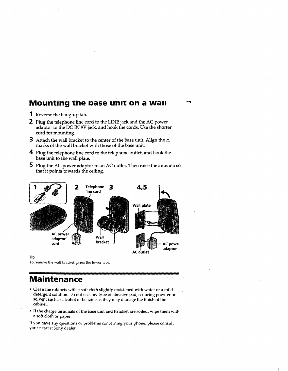 Mounting the base unit on a wan, Maintenance | Sony SPP-SS950 User Manual | Page 14 / 16