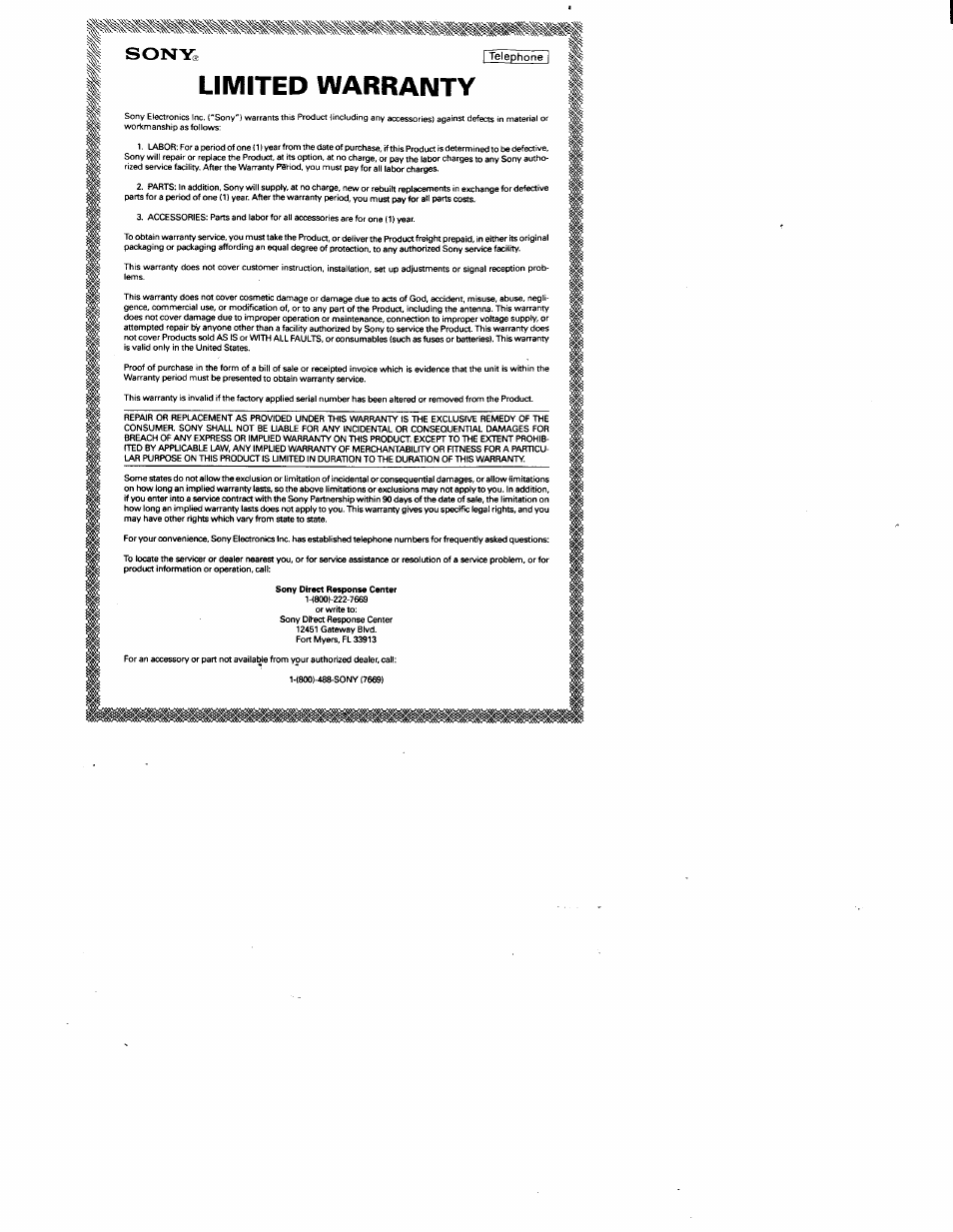 Limited warranty, Sony | Sony SPP-SS950 User Manual | Page 2 / 16