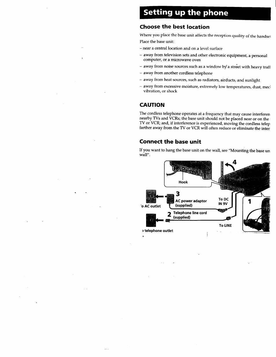 Setting up the phone, Choose the best location, Caution | Connect the base unit | Sony SPP-SS950 User Manual | Page 7 / 16