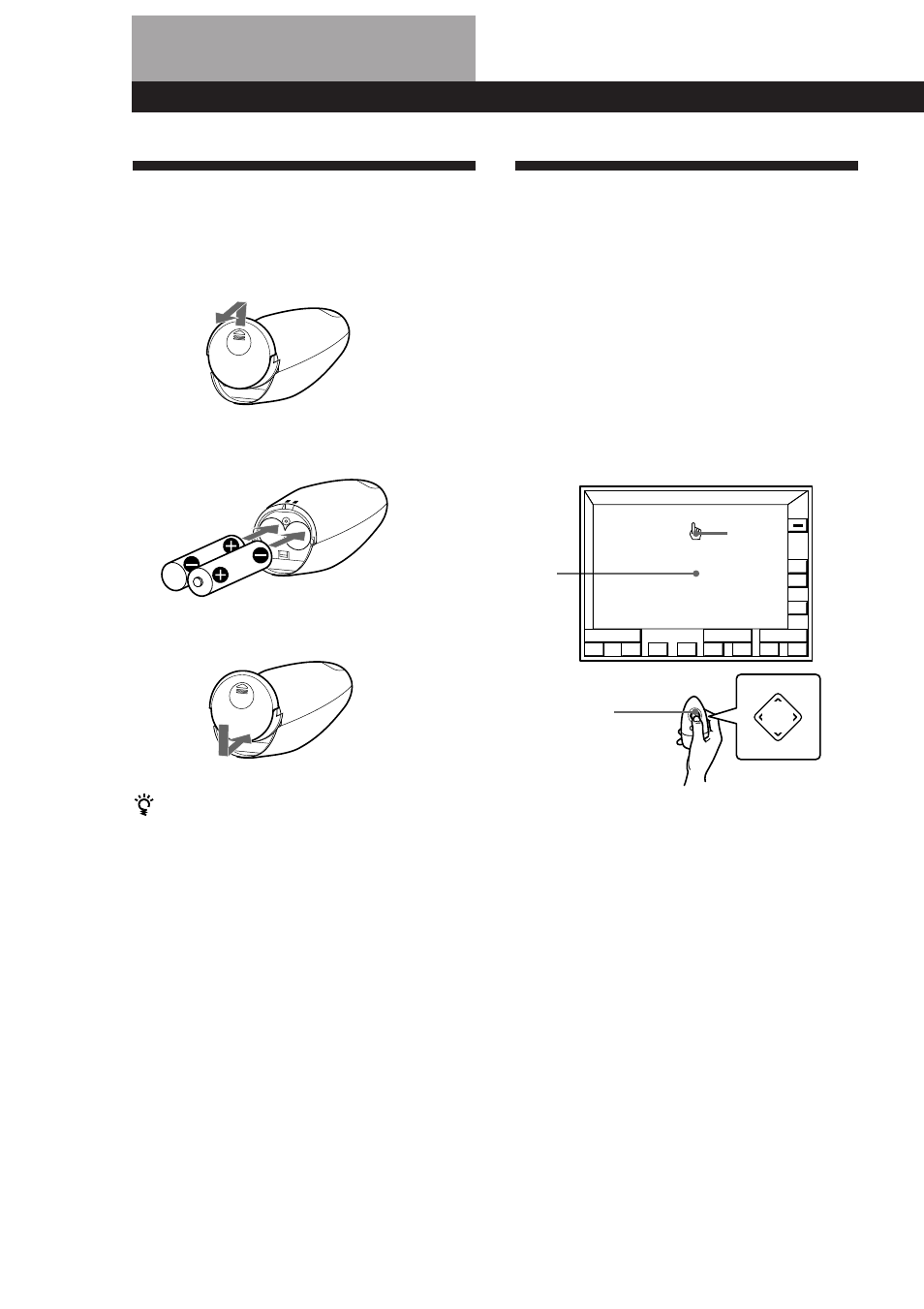 Mise en place des piles dans la télécommande, Utilisation de la télécommande, Préparation et utilisation de la télécommande | Autonomie des piles | Sony TA-VE800G User Manual | Page 57 / 181