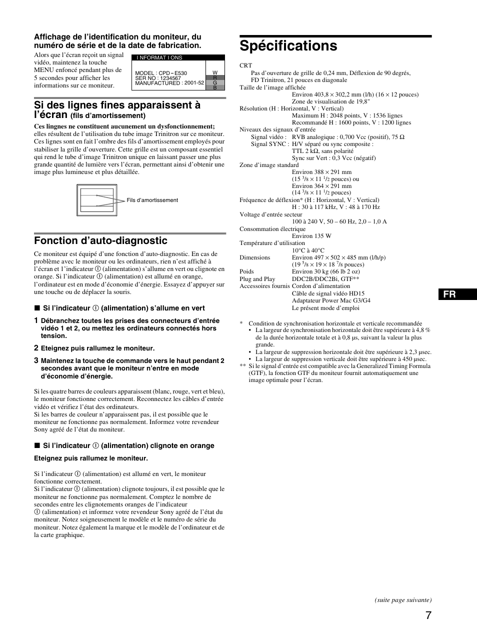 Fonction d’auto-diagnostic, Spécifications, Si des lignes fines apparaissent à l’écran | Sony CPD-E530 User Manual | Page 13 / 52