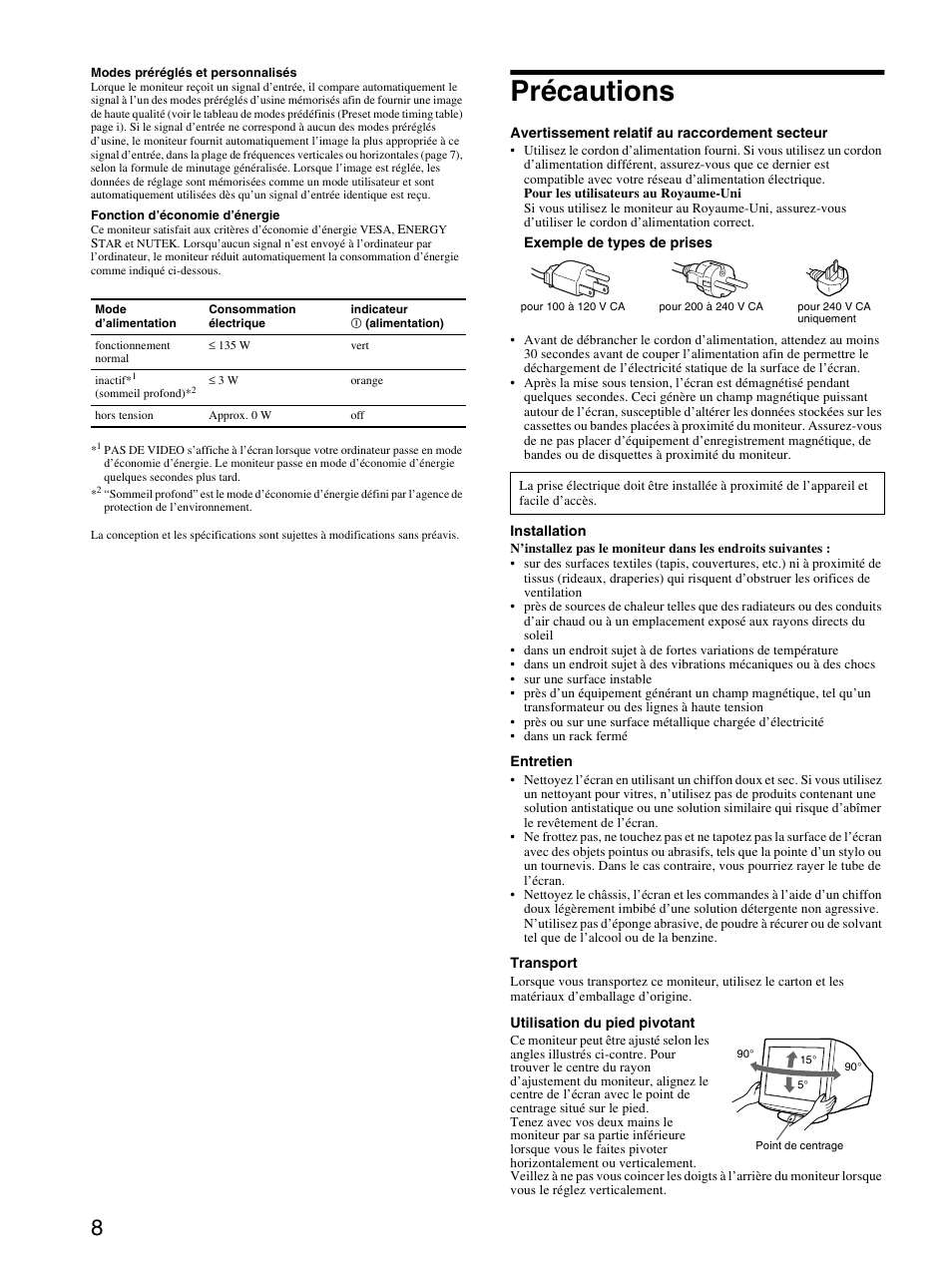 Précautions | Sony CPD-E530 User Manual | Page 14 / 52