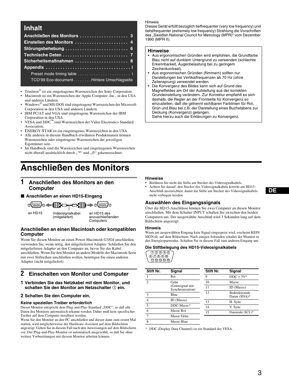 De.pdf, Anschließen des monitors, 1 anschließen des monitors an den computer | 2 einschalten von monitor und computer, Inhalt, Anschließen des monitors an den computer, Einschalten von monitor und computer | Sony CPD-E530 User Manual | Page 15 / 52