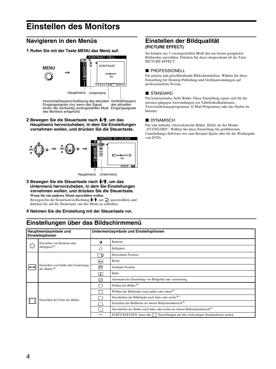 Einstellen des monitors, Navigieren in den menüs, Einstellen der bildqualität (picture effect) | Einstellungen über das bildschirmmenü, Einstellen der bildqualität | Sony CPD-E530 User Manual | Page 16 / 52