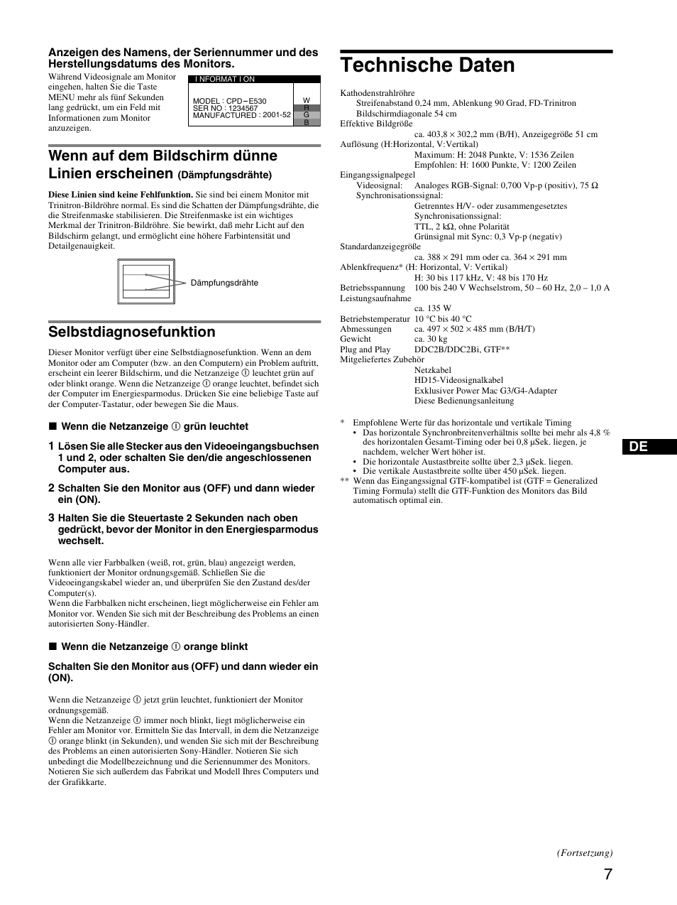 Selbstdiagnosefunktion, Technische daten, Wenn auf dem bildschirm dünne linien erscheinen | Sony CPD-E530 User Manual | Page 19 / 52