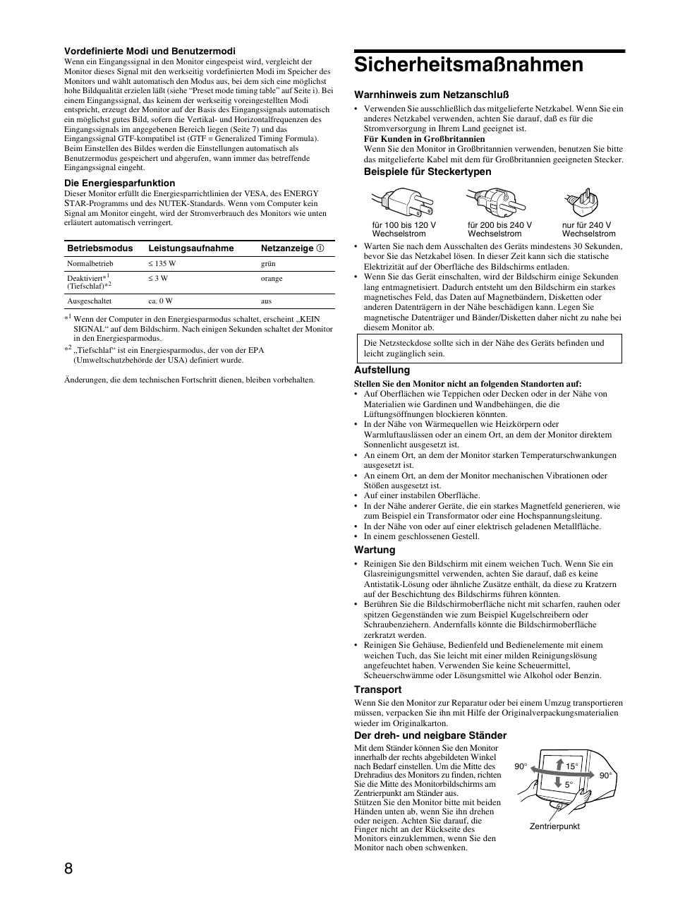 Sicherheitsmaßnahmen | Sony CPD-E530 User Manual | Page 20 / 52