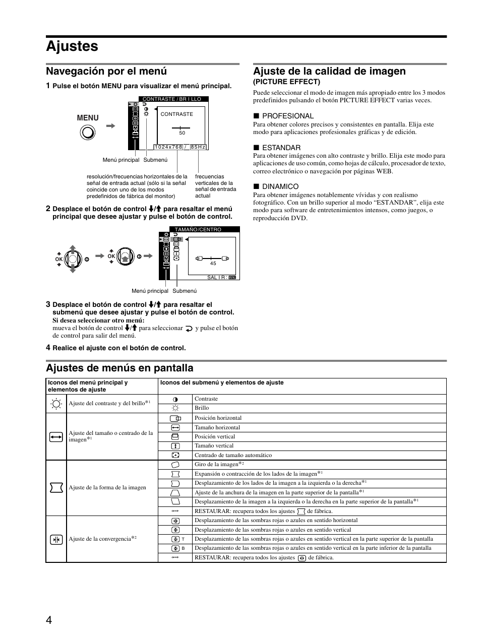 Ajustes, Navegación por el menú, Ajuste de la calidad de imagen (picture effect) | Ajustes de menús en pantalla, Ajuste de la calidad de imagen | Sony CPD-E530 User Manual | Page 22 / 52