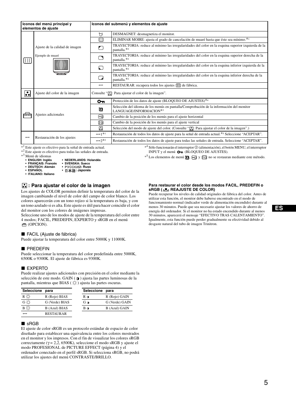 Para ajustar el color de la imagen | Sony CPD-E530 User Manual | Page 23 / 52