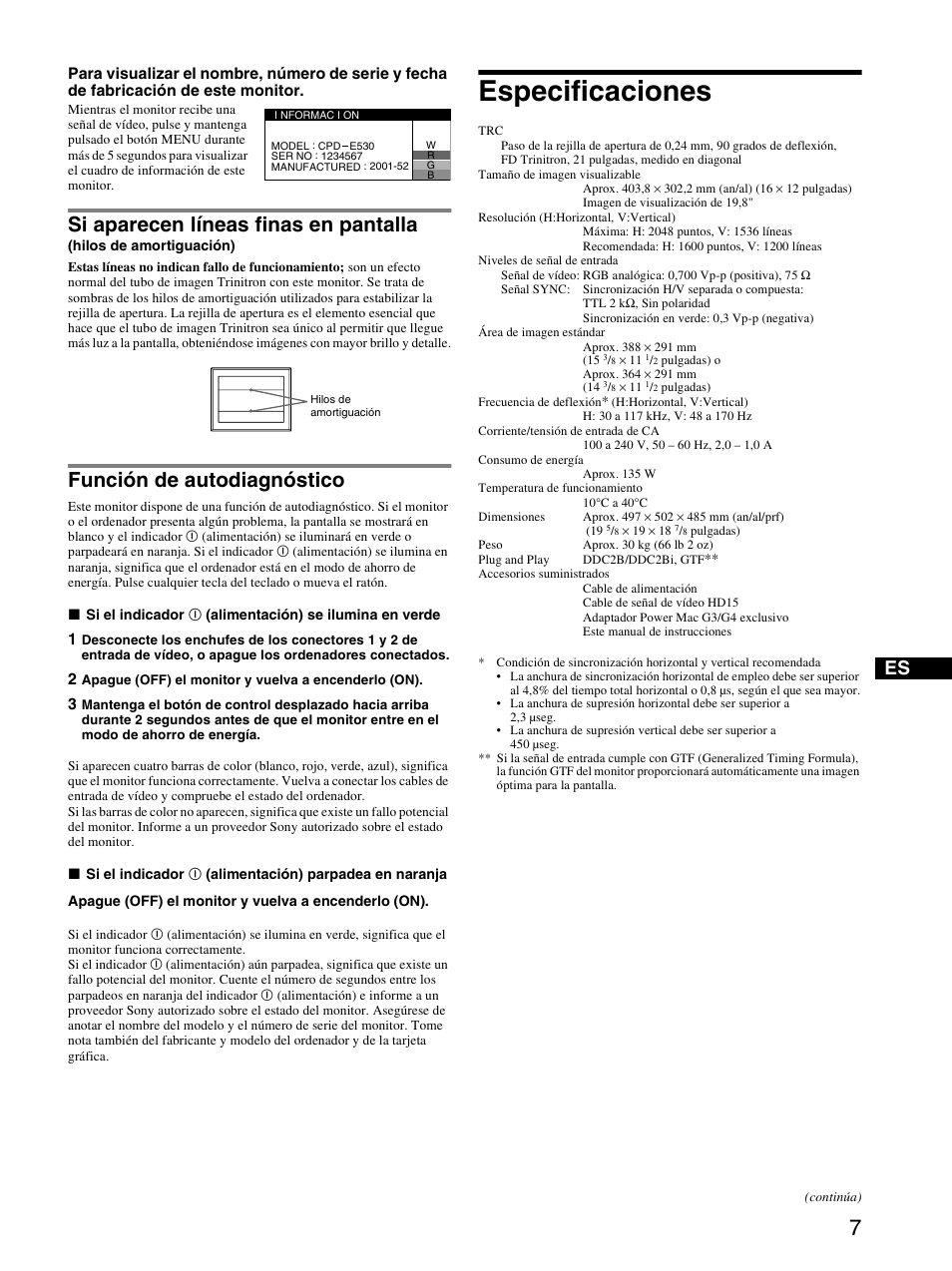 Función de autodiagnóstico, Especificaciones, Si aparecen líneas finas en pantalla | Sony CPD-E530 User Manual | Page 25 / 52
