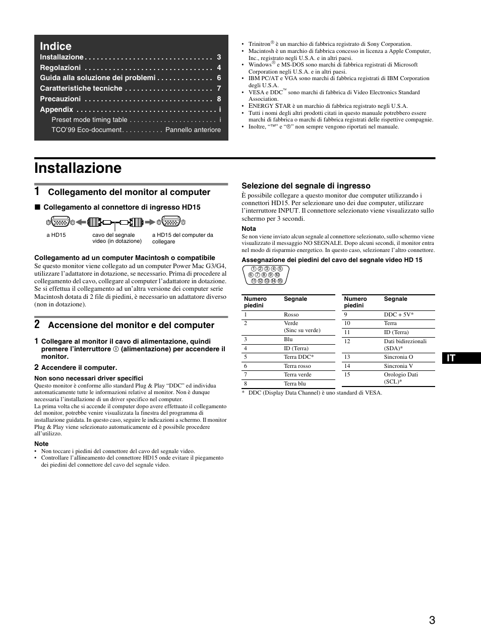 Installazione, 1 collegamento del monitor al computer, 2 accensione del monitor e del computer | Indice, Collegamento del monitor al computer, Accensione del monitor e del computer | Sony CPD-E530 User Manual | Page 27 / 52