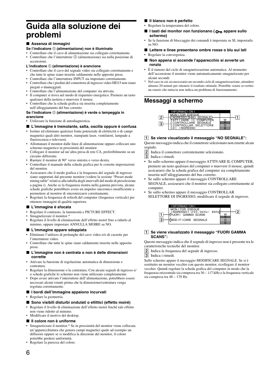 Messaggi a schermo, Guida alla soluzione dei problemi | Sony CPD-E530 User Manual | Page 30 / 52