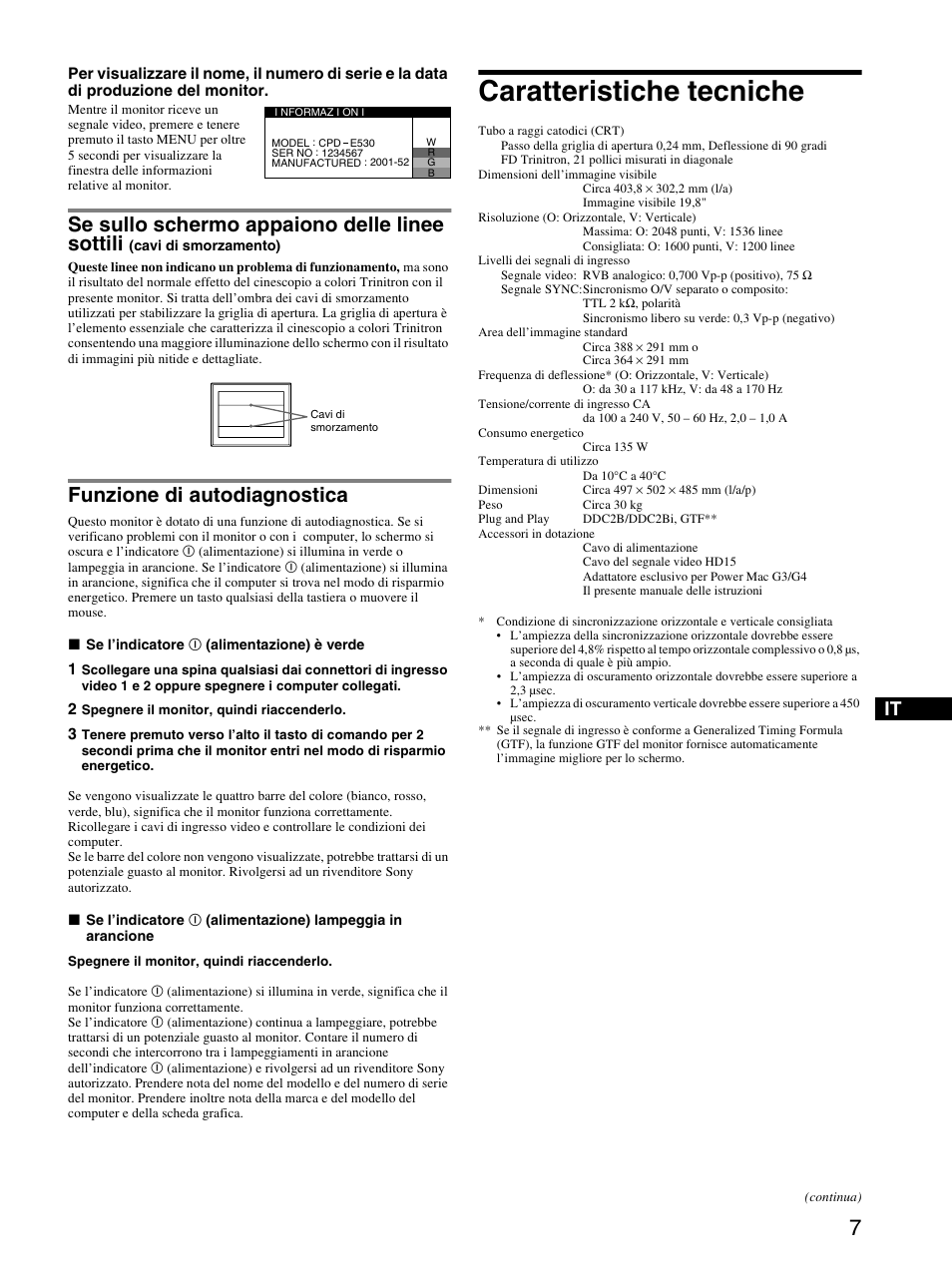 Funzione di autodiagnostica, Caratteristiche tecniche, Se sullo schermo appaiono delle linee sottili | Sony CPD-E530 User Manual | Page 31 / 52