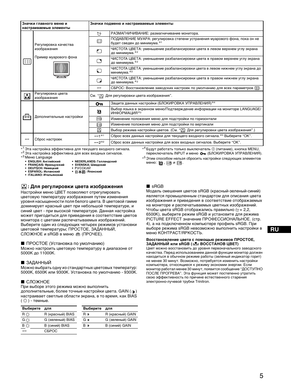 Для регулировки цвета изображения | Sony CPD-E530 User Manual | Page 35 / 52
