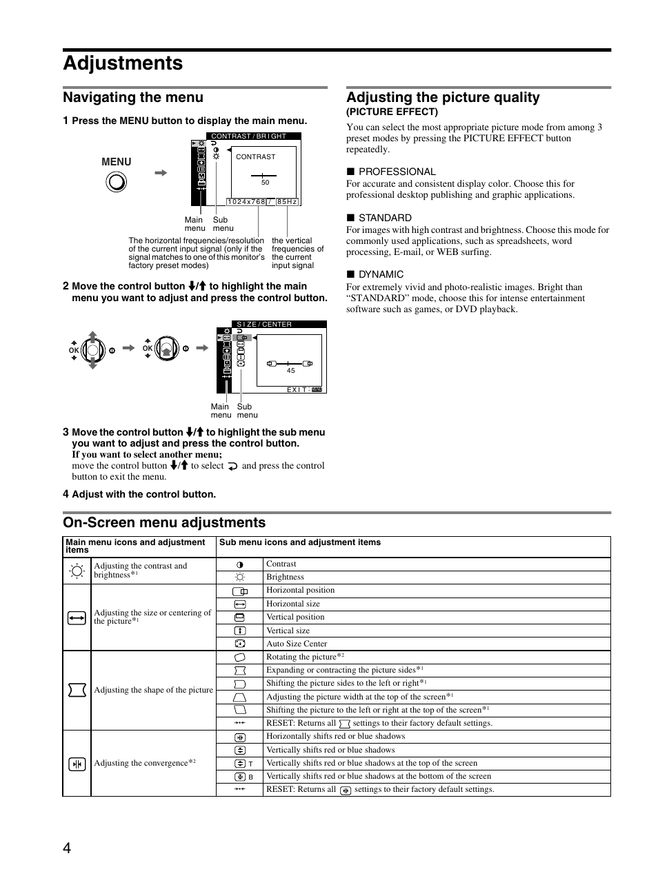 Adjustments, Navigating the menu, Adjusting the picture quality (picture effect) | On-screen menu adjustments, Adjusting the picture quality | Sony CPD-E530 User Manual | Page 4 / 52