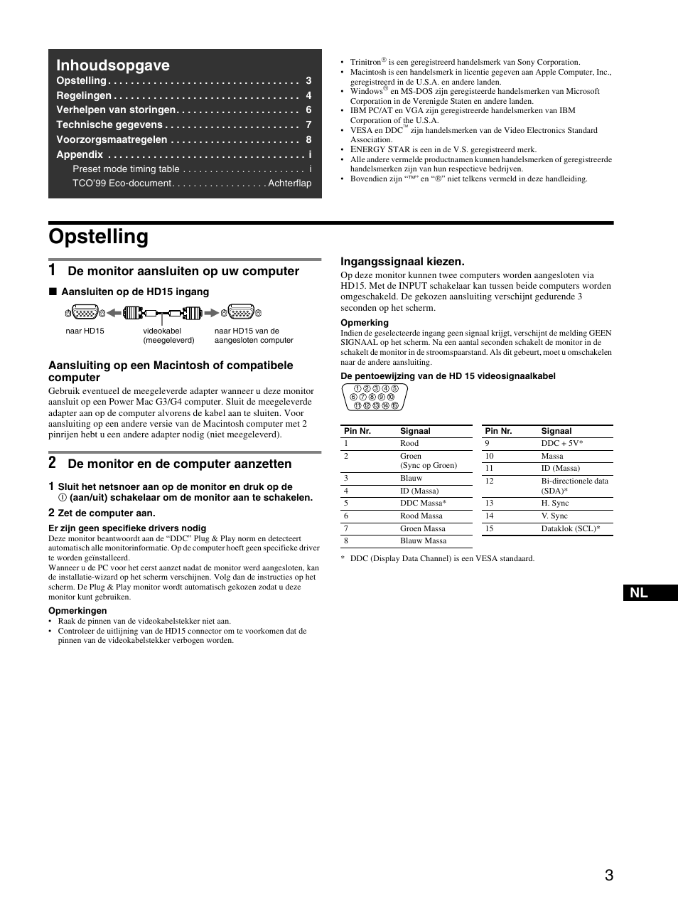 Nl.pdf, Opstelling, 1 de monitor aansluiten op uw computer | 2 de monitor en de computer aanzetten, Inhoudsopgave, De monitor aansluiten op uw computer, De monitor en de computer aanzetten | Sony CPD-E530 User Manual | Page 45 / 52