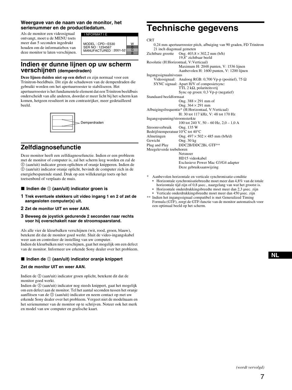 Zelfdiagnosefunctie, Technische gegevens, Indien er dunne lijnen op uw scherm verschijnen | Sony CPD-E530 User Manual | Page 49 / 52