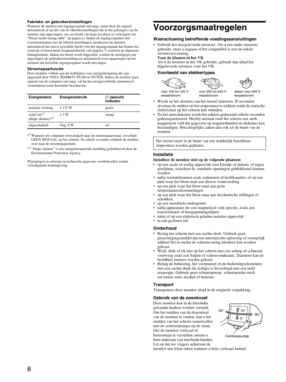 Voorzorgsmaatregelen | Sony CPD-E530 User Manual | Page 50 / 52