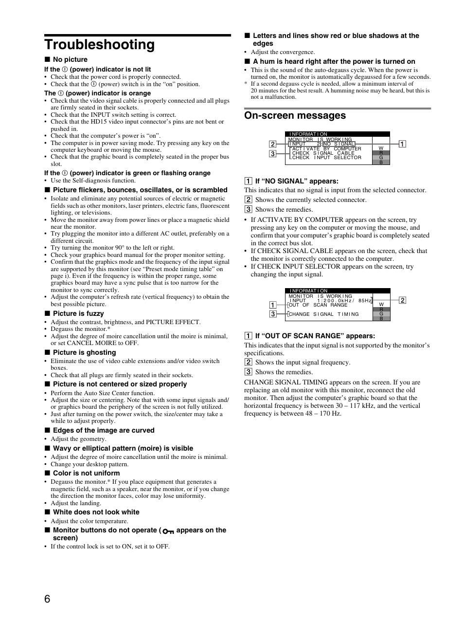 Troubleshooting, On-screen messages | Sony CPD-E530 User Manual | Page 6 / 52