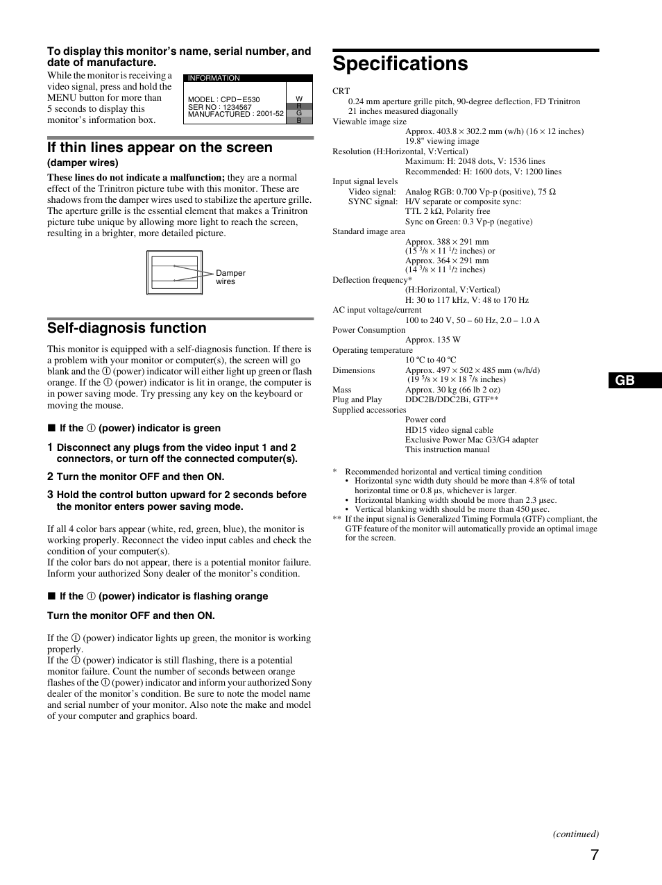 If thin lines appear on the screen (damperwires), Self-diagnosis function, Specifications | If thin lines appear on the screen | Sony CPD-E530 User Manual | Page 7 / 52