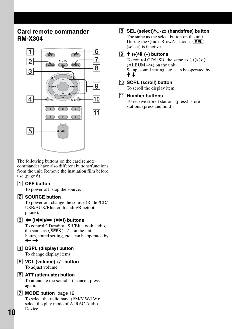 Card remote commander rm-x304 | Sony Bluetooth 3-299-319-12 (1) User Manual | Page 10 / 164