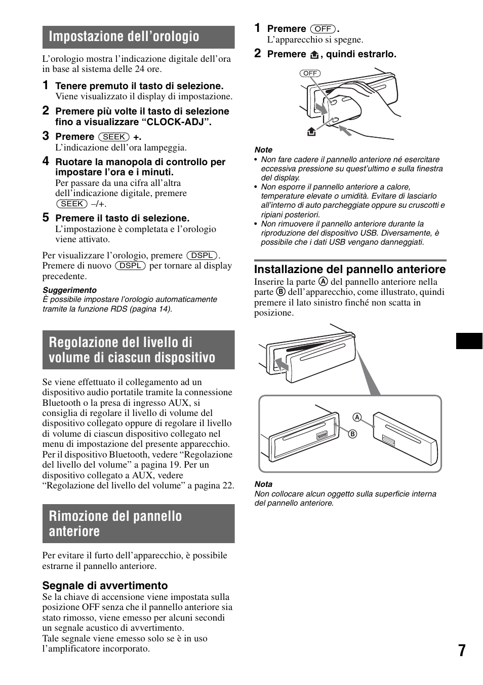 Impostazione dell’orologio, Rimozione del pannello anteriore, Installazione del pannello anteriore | Sony Bluetooth 3-299-319-12 (1) User Manual | Page 101 / 164