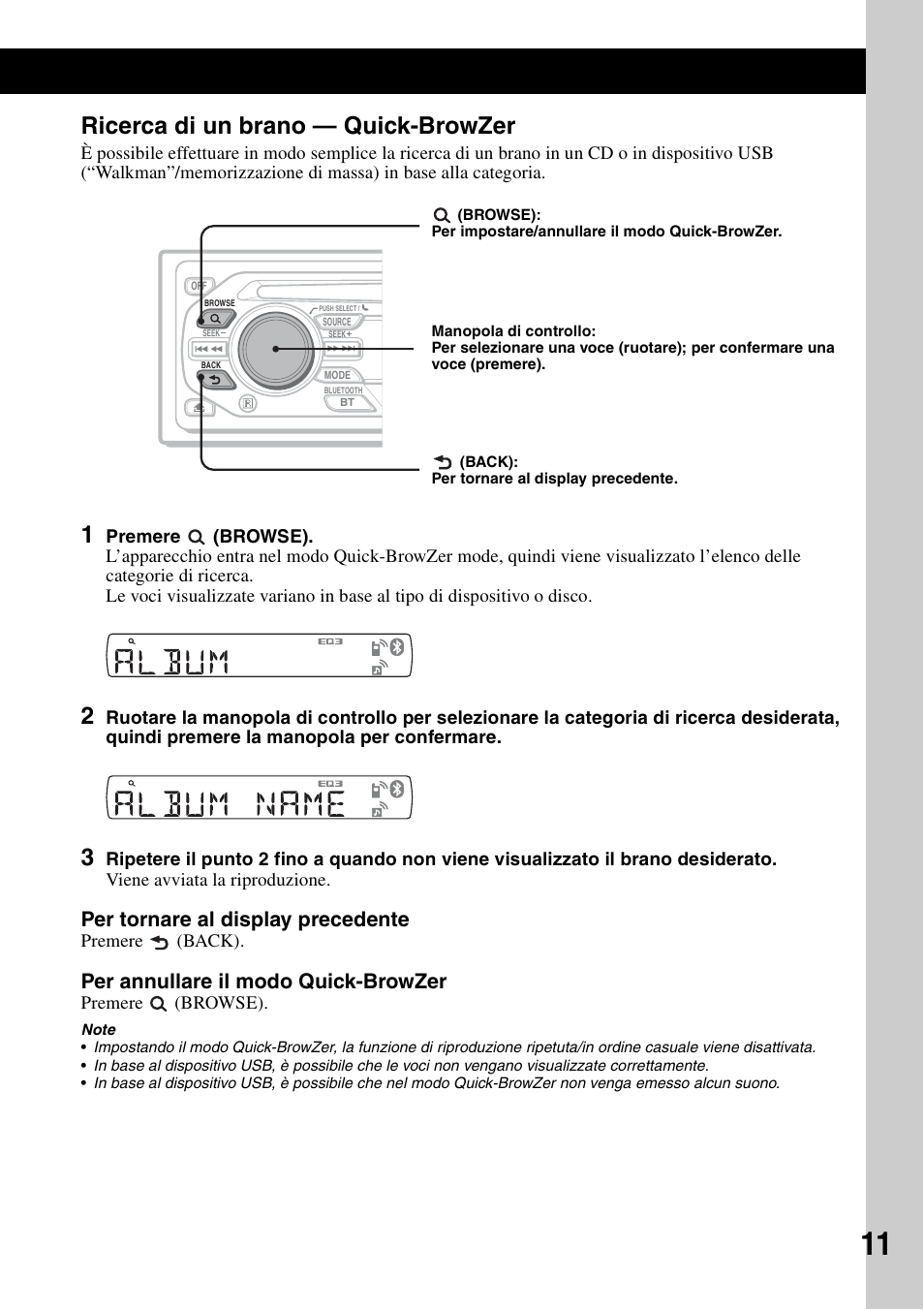 Ricerca di un brano - quick-browzer, Ricerca di un brano — quick-browzer, Per tornare al display precedente | Per annullare il modo quick-browzer | Sony Bluetooth 3-299-319-12 (1) User Manual | Page 105 / 164