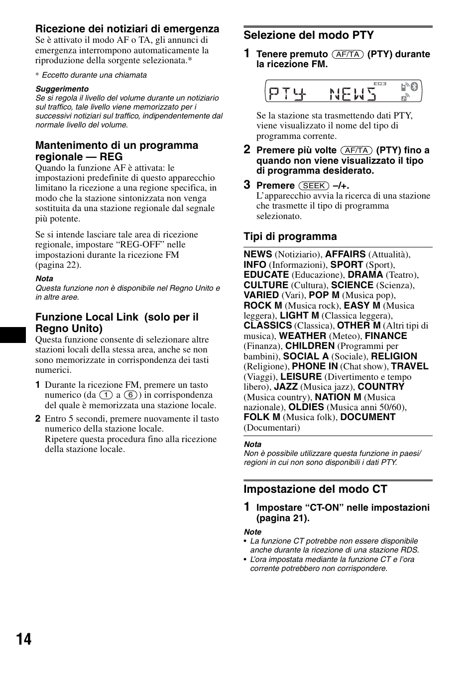 Selezione del modo pty, Impostazione del modo ct, Selezione del modo pty impostazione del modo ct | Sony Bluetooth 3-299-319-12 (1) User Manual | Page 108 / 164