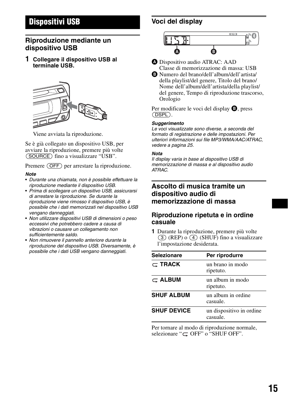 Dispositivi usb, Riproduzione mediante un dispositivo usb, Voci del display | Riproduzione mediante un dispositivo | Sony Bluetooth 3-299-319-12 (1) User Manual | Page 109 / 164