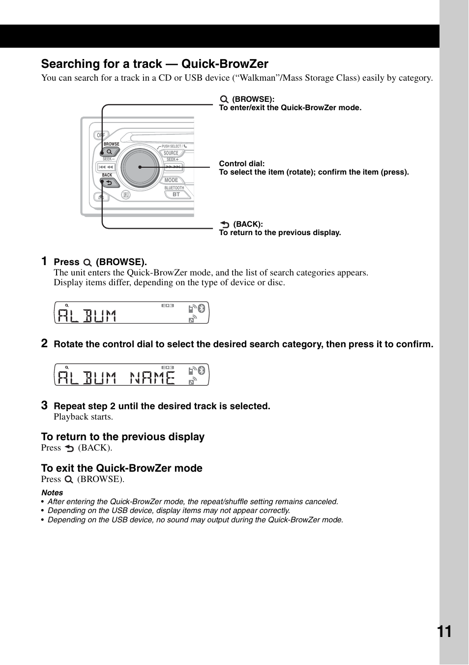Searching for a track - quick-browzer, Searching for a track, Quick-browzer | Searching for a track — quick-browzer | Sony Bluetooth 3-299-319-12 (1) User Manual | Page 11 / 164