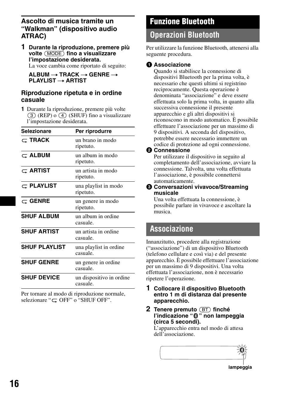 Funzione bluetooth, Operazioni bluetooth, Associazione | Funzione bluetooth operazioni bluetooth | Sony Bluetooth 3-299-319-12 (1) User Manual | Page 110 / 164