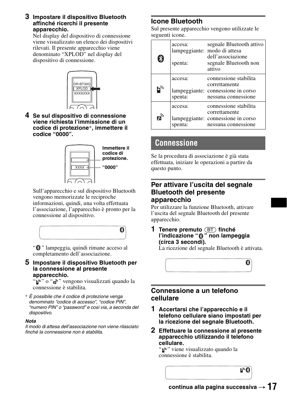 Icone bluetooth, Connessione, Connessione a un telefono cellulare | Per attivare l’uscita del segnale bluetooth | Sony Bluetooth 3-299-319-12 (1) User Manual | Page 111 / 164