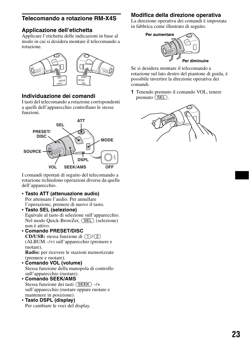 Telecomando a rotazione rm-x4s, Applicazione dell’etichetta, Individuazione dei comandi | Modifica della direzione operativa | Sony Bluetooth 3-299-319-12 (1) User Manual | Page 117 / 164