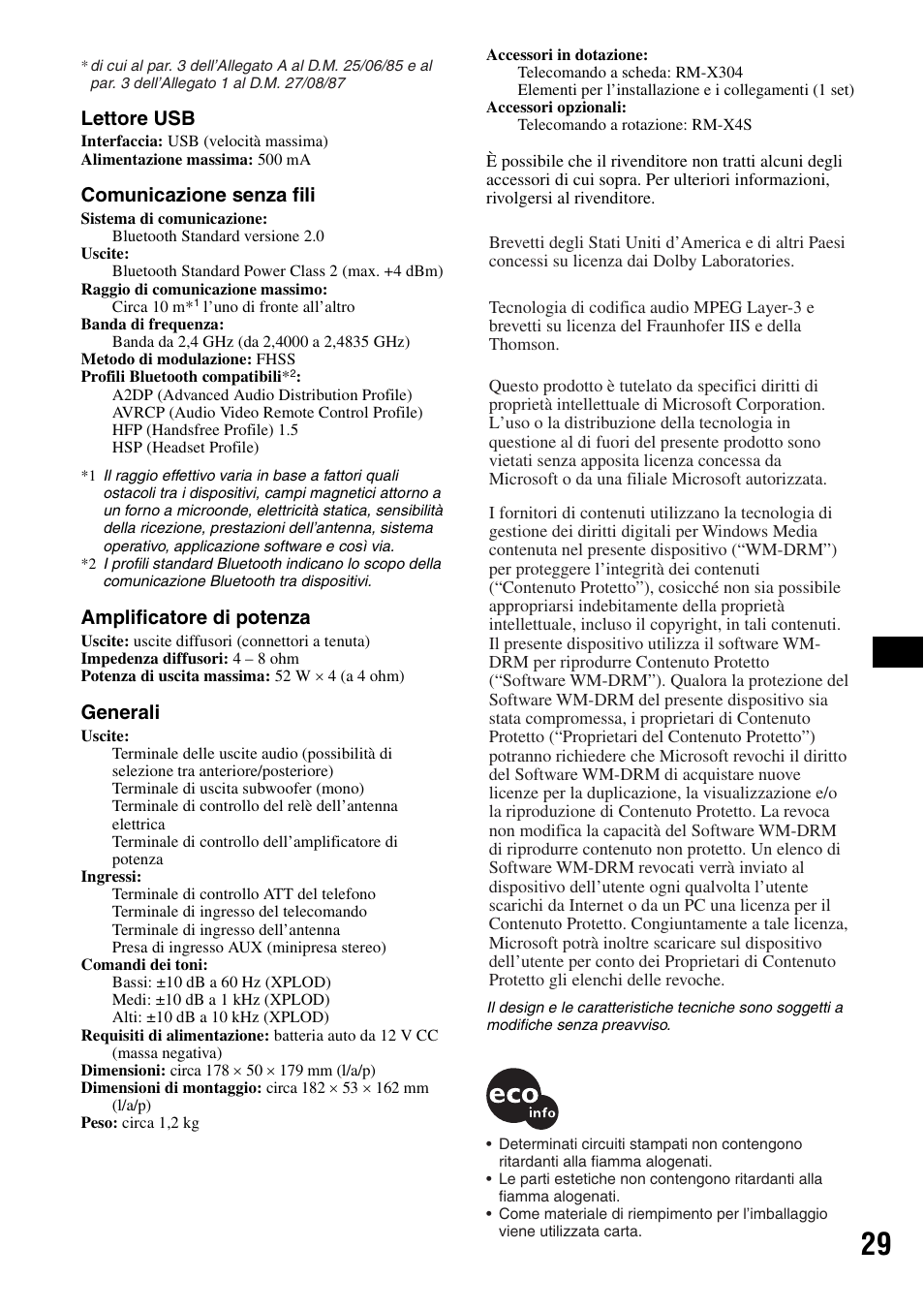 Lettore usb, Comunicazione senza fili, Amplificatore di potenza | Generali | Sony Bluetooth 3-299-319-12 (1) User Manual | Page 123 / 164