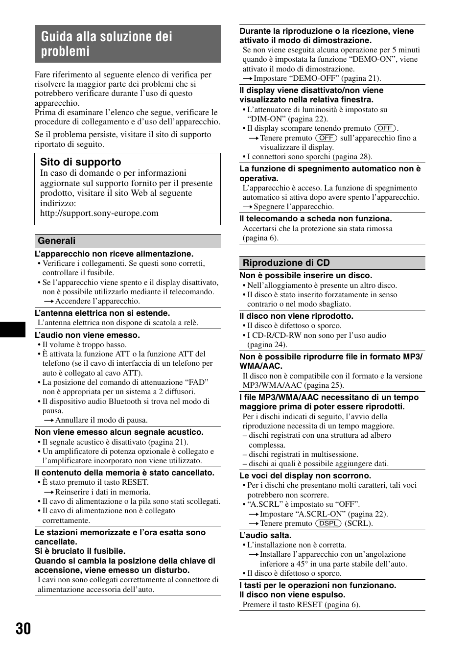 Guida alla soluzione dei problemi, Sito di supporto | Sony Bluetooth 3-299-319-12 (1) User Manual | Page 124 / 164